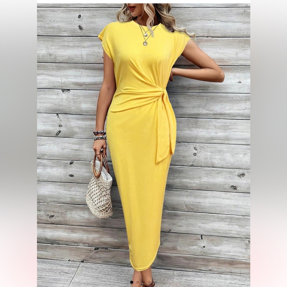 Yellow Asymmetrical Ruched Sheath Dress